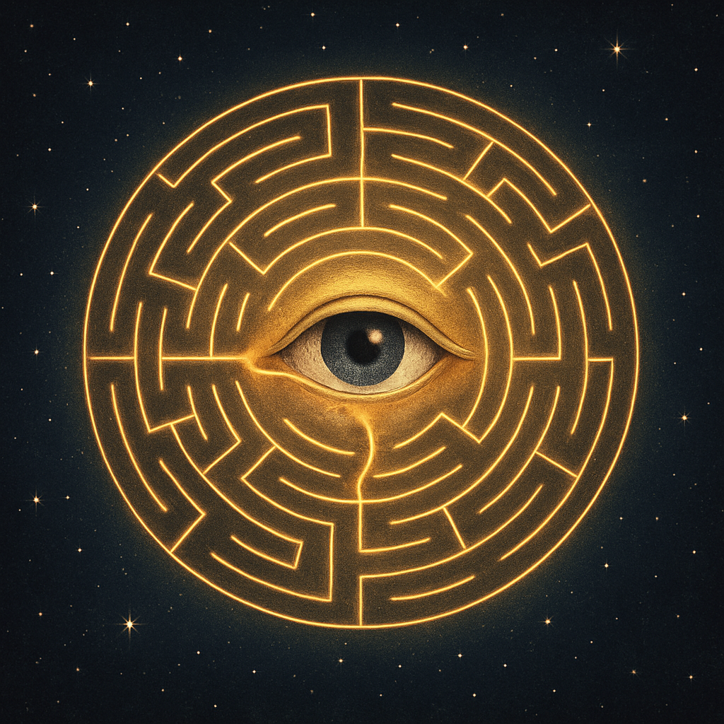 Une conscience qui réfléchit voit qu'elle voit. Elle est l'oeil. Le labyrinthe autour correspond à la complexité des couches de la psyché (Pensées, émotions, conditionnements, automatismes). Quant à la lumière, elle indique que même dans cette complexité, la conscience peut éclairer les zones d'ombres. Le ciel étoilé en arrière plan rappelle que la conscience individuelle n'est qu'un fragment d'une conscience plus vaste, transpersonnelle et cosmique. Enfin, le fil d'or qui part du coeur vers l'oeil souligne que la conscience n'est pas seulement intellectuelle, mais aussi existentielle. La conscience est incarnée, affective et liée à l'être..